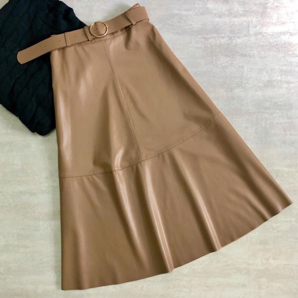 Women Office Midi Elegant High Waist A-Line Skirt Korean Style Green Office OL Skirt