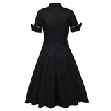 Black Elegant Button Front Women Vintage A Line High Waist Belted Knee Length Swing Dress