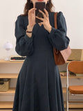 Elegant Office Lady Belted Faux Wrap Dress V Neck Long Sleeve Vintage Midi Dress