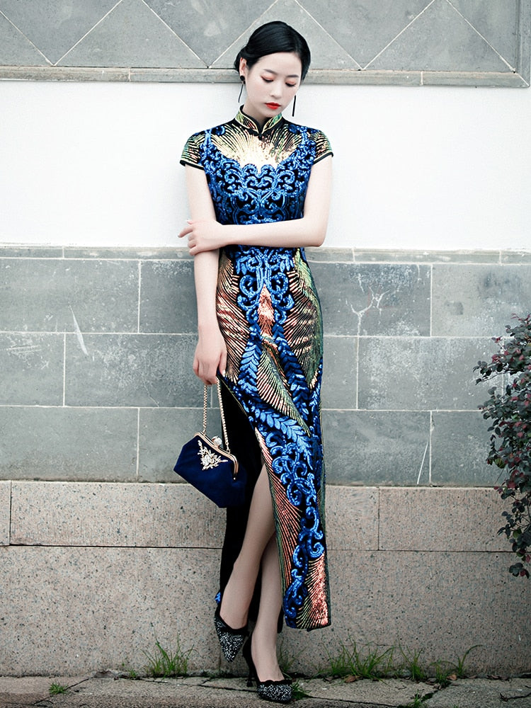 Fashion Sequins Evening Dress Embroidered High-slit Formal Occasion For Women Short-Sleeve Long Cheongsam