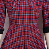 Vintage Robe Ruched V-Neck Tartan Elegant Party Midi Plaid High Waist Pin Up Retro Dress