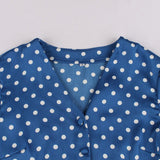 2021 Women Blue Vintage Button Up Shirt V-Neck Short Sleeve Polka Dot Tops Slim Fit Female Summer Retro Style Slim Shirts