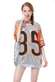 Cheerleaders Stage Performance Loose Oversized Causal 85 Letter Shift Sequin T Shirt Mini Dress Hip-Hop Long Tee