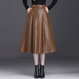 Faux Leather High Waist Women Streetwear Loose Large Swing Skirt Long Women Midi A-Line Skirt