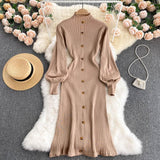 Autumn Winter Mock Neck Ribbed Sweater Dress Women Long Lantern Sleeve Front Button Elegant Knitted Bodycon Midi Dress