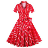 2021 Polka Dot Print Turn-down V Collar Midi Tunic Dress Summer Rockabilly Belt 50s Short Sleeve A Line Casual Dresses For Women