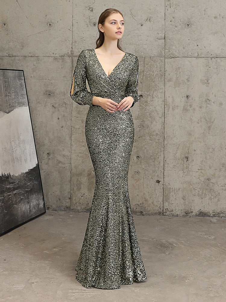Sexy V Neck Mermaid Evening Dress Long Formal Prom Party Gown Full Sequin long Sleeve Galadress Vestidos Occassion Dress