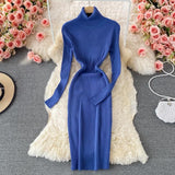 Autumn Winter Midi Dresses For Women Turtleneck Long Sleeve Solid Elegant Ribbed Knitted Dress Sexy Bodycon Dress