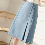 Ladies Elegant Knee-length A-line Skirts Summer Office Style Solid Color High Waist Women Casual Skirt