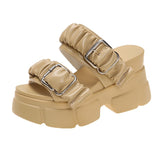 Pleated Chunky Platform Sandals Buckle Wedges Slippers Woman 9cm High Heel Summer Sandalias