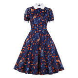 Peter pan Collar 50s Pinup Vintage Print Short Sleeve Cotton A-Line Pockets Party Cute Retro Dress