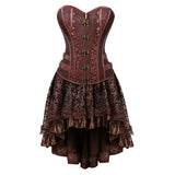 Steampunk Floral Corset Dress Women Gothic PU Leather Corset Bustier With Burlesque Skirt Set Halloween Pirate Costume Brown