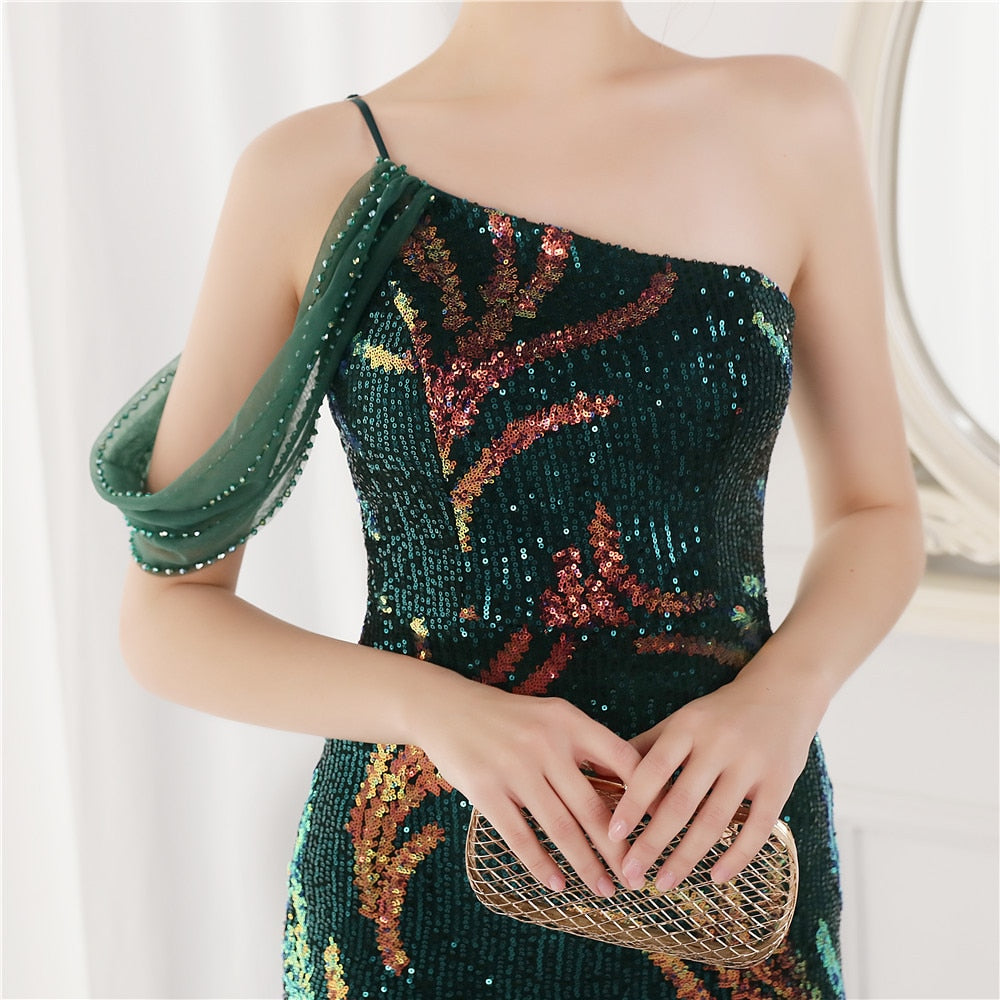 New Elegant One Shoulder Floor Length Evening Dress Sexy Hight Slit Sequin Flower Party Maxi Dress Vestidos