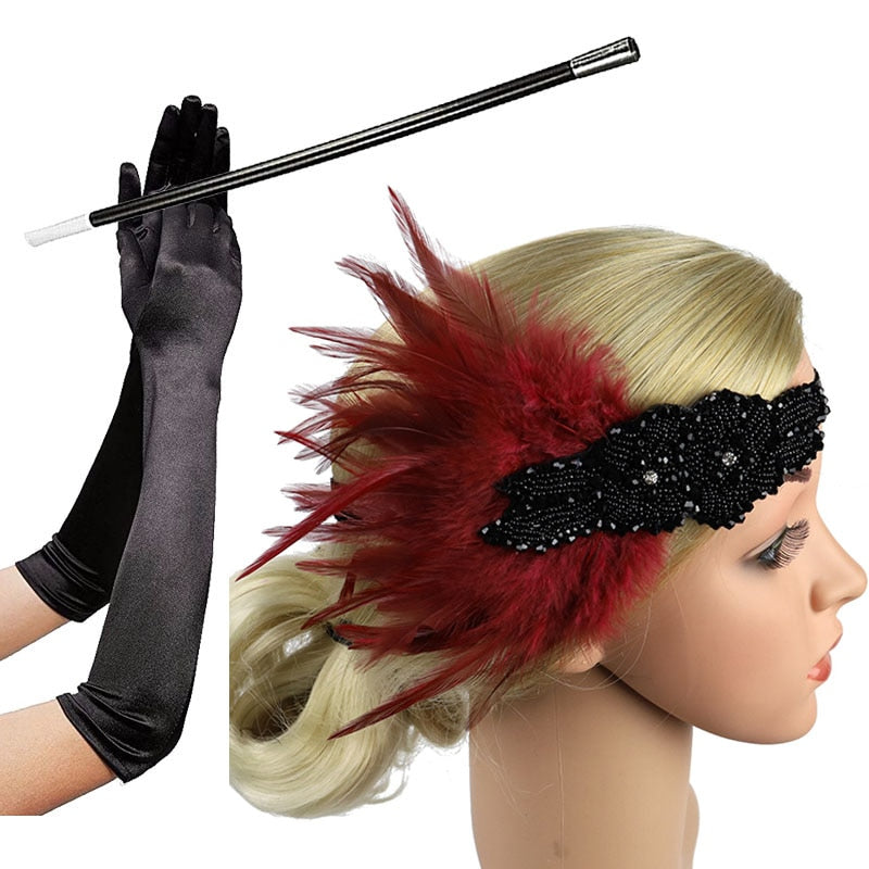 1920s Flapper Accessories Feather Headband Gloves Cigarette Holder 3 Pack Great Gatsby Party Costume Accessories Set for Women