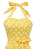 Polka Dot Yellow 1950s Vintage Pinup Belt Pleated Women Halter Neck Evening Party Cotton Dress