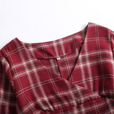 Burgundy Plaid V-Neck High Waist Pinup Vintage Autumn Three Quarter Sleeve A-Line Party Women Dress with Belt