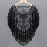 Women 1920s Sequined Shawl with Tassels Beaded Pearl Fringe Sheer Mesh Wraps Gatsby Flapper Bolero Cape Cover Up