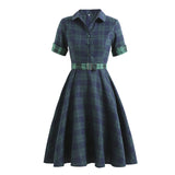 Blue and Green Plaid Vintage Women Button Up Shirt Dress with Belt