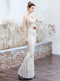 Women Sequined Party Long Halter Sleeveless Mermaid Evening Dress Ladies Solid Sexy Robes Elegant Formal Gown