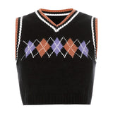 2021 School Y2K Sweaters Plaid Patched Knitwear Sleeveless V Neck Knitted Tank Top Preppy Style Pullovvers Crop Top Autumn Women