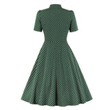 Bow Tie Neck Button Front Polka Dot Pinup 50s Vintage Shirt A-Line Summer Female Elegant Green Dress