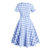 2021 White and Blue Plaid V-Neck Short Sleeve Women Summer Elegant Dress Vintage A-Line High Waist Midi Dresses with Belt