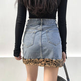 2021 Patchwork Leopard Printed Mini Women Skirts High Waist Demin Wrap Spring Autumn Harajuku Gothic Punk Skater For Party