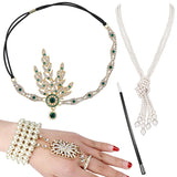 4pcs/set 1920s Flapper Accessories Set Rhinestone Headpiece Pearl Knot Necklace Bracelet with Cigarette Holder