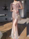 Formal Cocktail Dress Tassels Cape Rose Gold Party Gowns Sexy Side Split Floor Length Shinning Sequind Occasion Vestidoes 2020