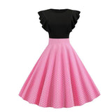 Two Tone Ruffle Armhole Polka Dot Elegant Vintage O-Neck A Line Retro Slim Swing Dress