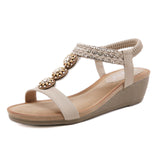 Summer Women Flower Rhinestone Elastic Band Soft Roman Non-Slip Gladiator Wedges Sandals