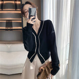 Autumn Women Single-breasted Long Sleeve V-Neck Cardigans Vintage Knitted Sweater Coat