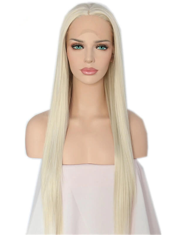 Long #613 Platinum Blonde Straight Synthetic Lace Front Wig