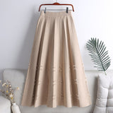 Women Winter Elastic High Waist Pleated Midi Skirt Frayed A Line Elegant Solid Knitted Skirts