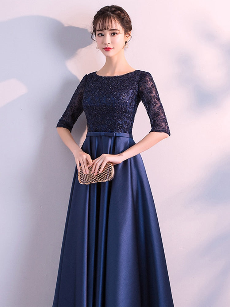 Navy Blue Homecoming Half Sleeve Formal Dress O-neck Elegant Floor-length A-line Satin Party Prom Gowns