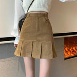 Women A-line Mini Skirts Korean Style Vintage Corduroy Solid Color High Waist Ladies Elegant Short Skirt