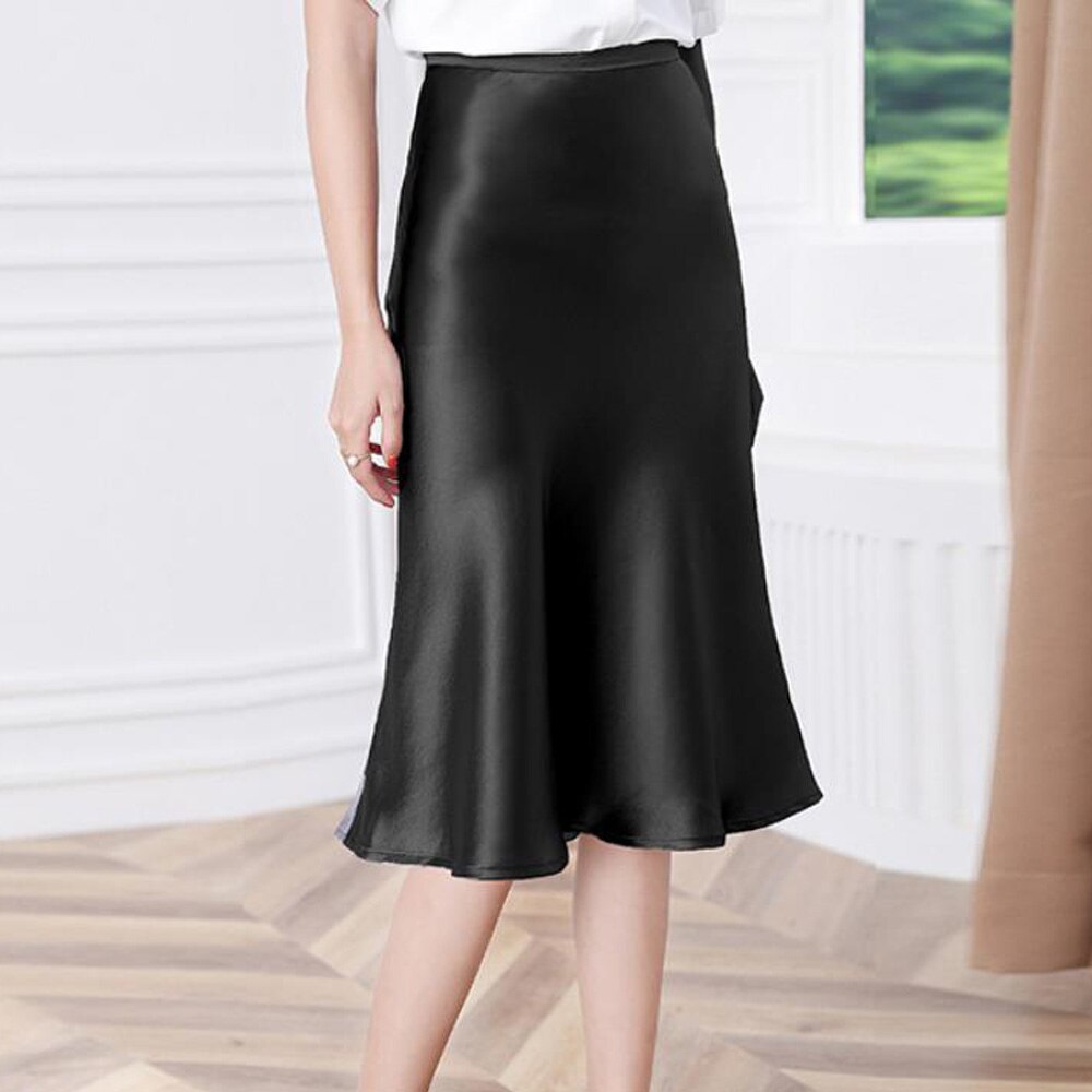Elegant Office Long Women Midi High Waisted Vintage Silk Satin Korean Style OL Slim Ladies Midi Skirts