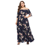Navy Blue Floral Print Women Plus Size Summer Boho Off Shoulder Long Maxi Beach Party Bohemian Dresses
