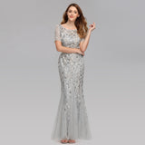 Plus Size Mermaid O Neck Short Sleeve Lace Appliques Tulle Long Party Gown Robe Soiree Sexy Formal Dress