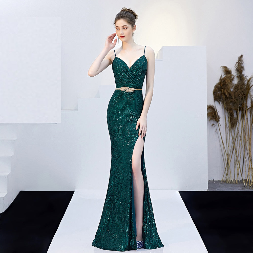 Sleeveless Sequins Evening Dress Sexy Backless Party Dress Spaghetti Straps Stretchy Formal Gowns Long Side Fork Robe