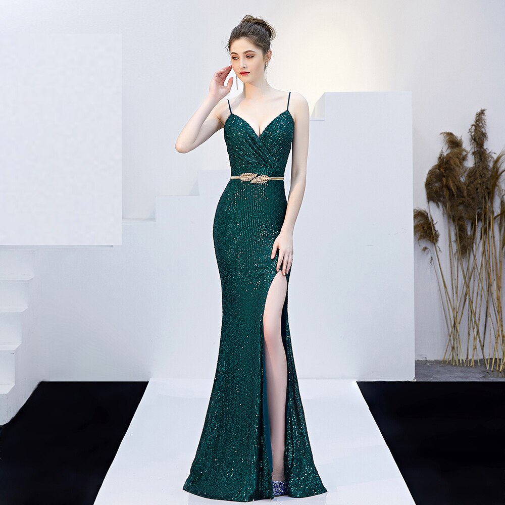 Sleeveless Sequins Sexy Backless Party Dress Spaghetti Straps Stretchy Formal Gowns Long Side Fork Robe De Soriee