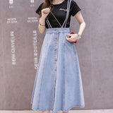 Denim Women Strap Long High Waisted Vintage Loose Pleated Blue Club Streetwear Cotton Harajuku Jean Skirt