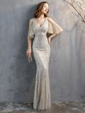 Elegant V Neck Long Sequin Evening Dress New Off Shoulder Evening Party Dress
