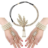 1920s Flapper Pearl Headband Bracelet Ring Inspired Leaf Simulated Jewelry Set