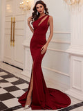 Sleeveless One Shoulder Red Party Prom Gown Trailing Formal Women Evening Dress