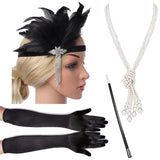 4 Pcs/Set 1920s Great Gatsby Party Costume Accessories Set Flapper Feather Headband Pearl Necklace Gloves Cigarette Holder