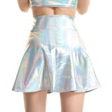 2 Pcs/Set Co-ord Shiny Silver Holographic Tube Top Metallic Wet Look A-line Mini Skirt Clubwear