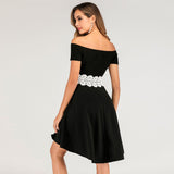 Black Formal Off Shoulder Short Sleeve White Lace Waist High Low Evening Party Dress