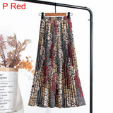 Women Chiffon Pleated Skirt Elastic High Waist Summer Print Casual Midi Long Skirt