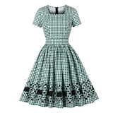 2022 Retro Knee Length Green Plaid 50s Dress for Women Clothes Square Neck High Waist Short Sleeve Summer Flare Pleated Dresses